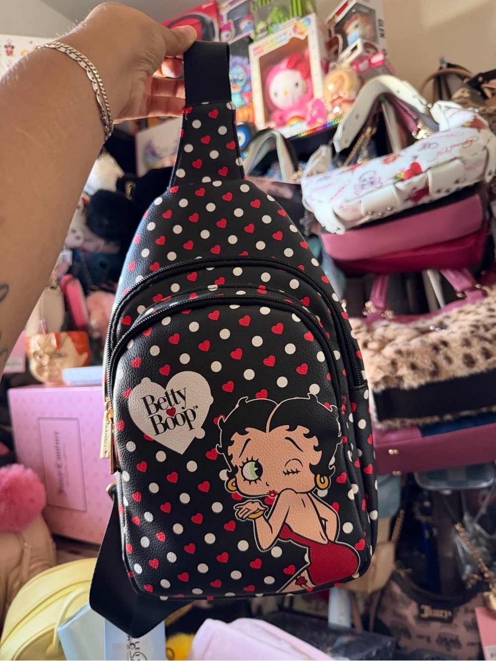 Betty Boop Black Crossbody Sling Bag with Red and White Heart Print